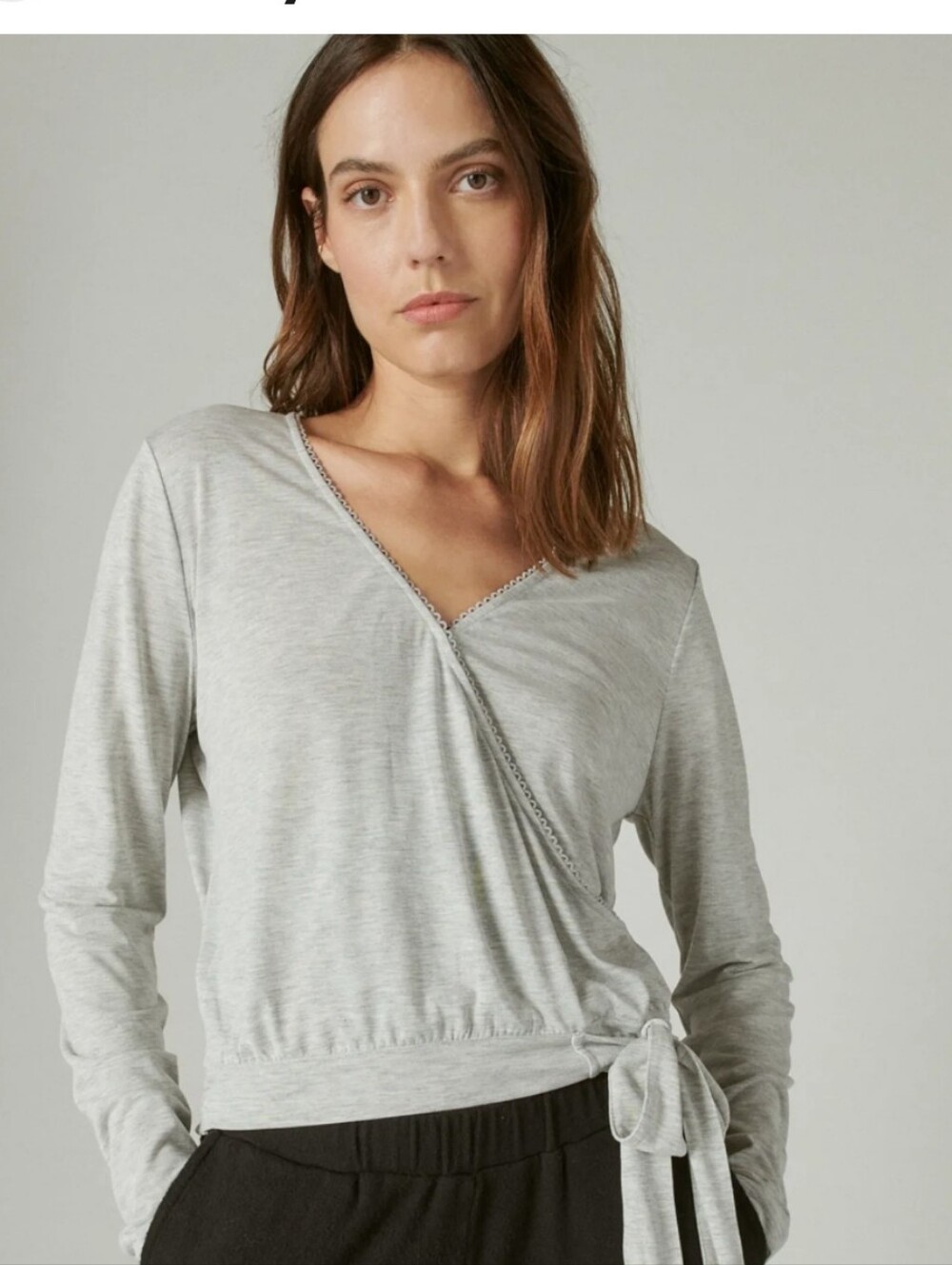 Lucky Brand Sandwash Wrap Top Surplice Gray Tie Hem Long Sleeve LARGE. NEW